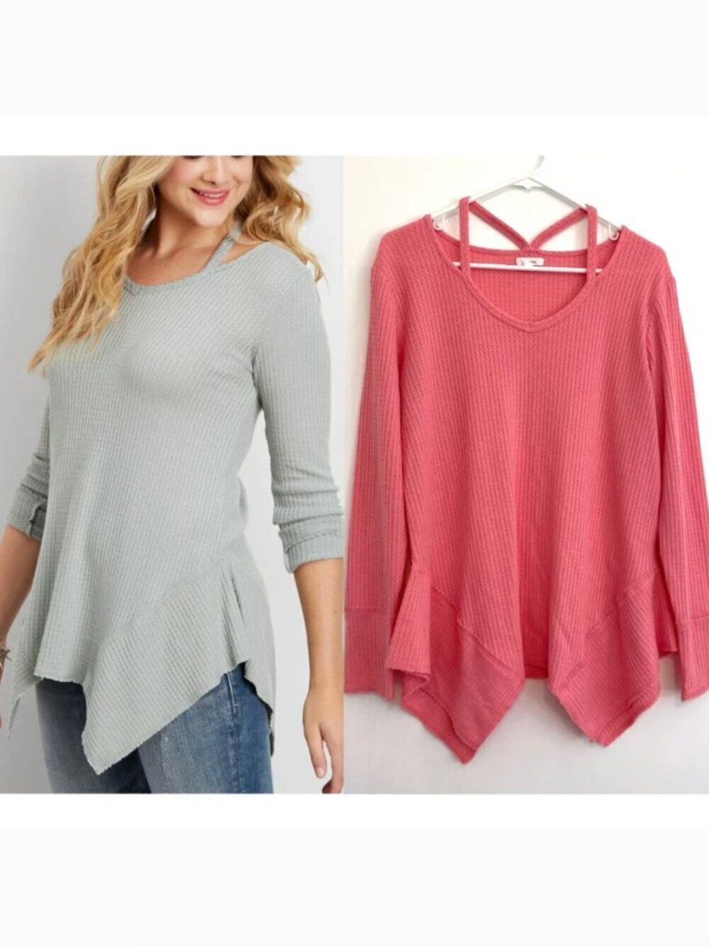 MAURICES Waffle Knit Tunic Top with Hanky Hem Pink Thermal Long Sleeve Boho L